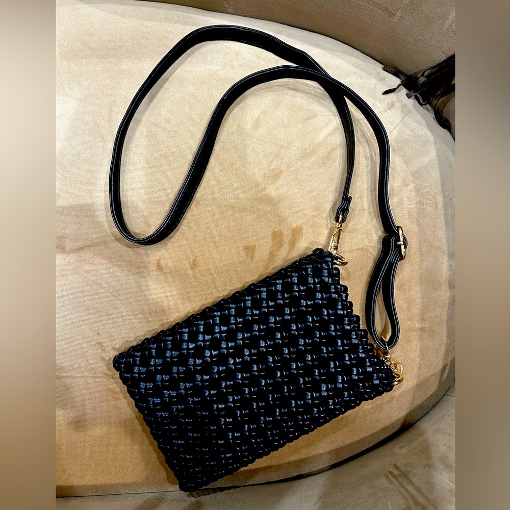 Anthropologie Black Woven Crossbody with Gold Hardware